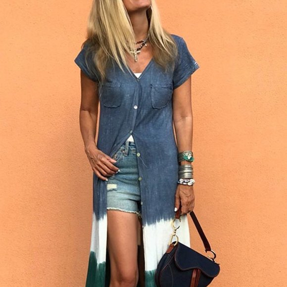 COMING NEW COLOR BLOCK LONG BUTTON UP TOP COVER UP - Picture 2 of 4